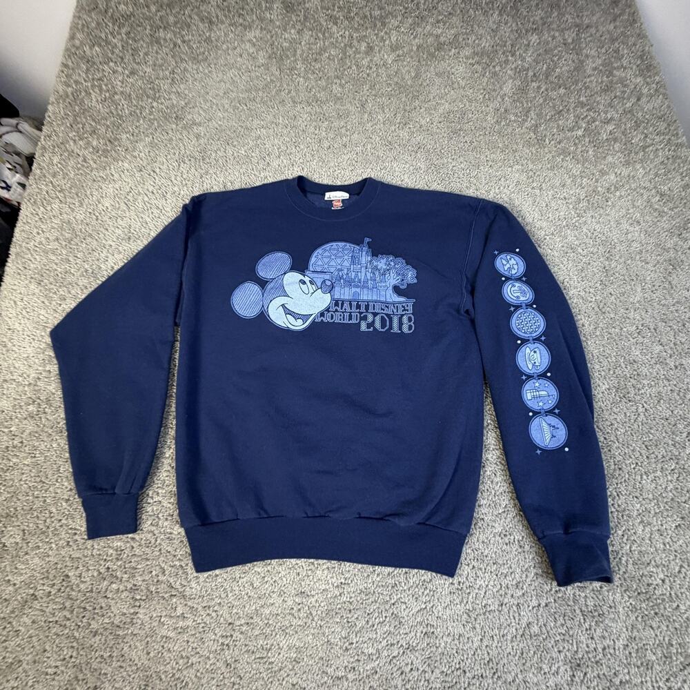 Disney Parks Sweatshirt Mens M Blue Pullover Fleece Mickey WDW 2018 Graphic